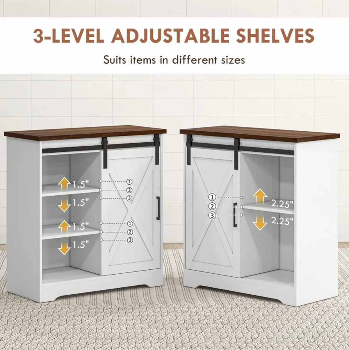 White Coffee Bar Cabinet: Sliding Barn Door, Adjustable Shelf