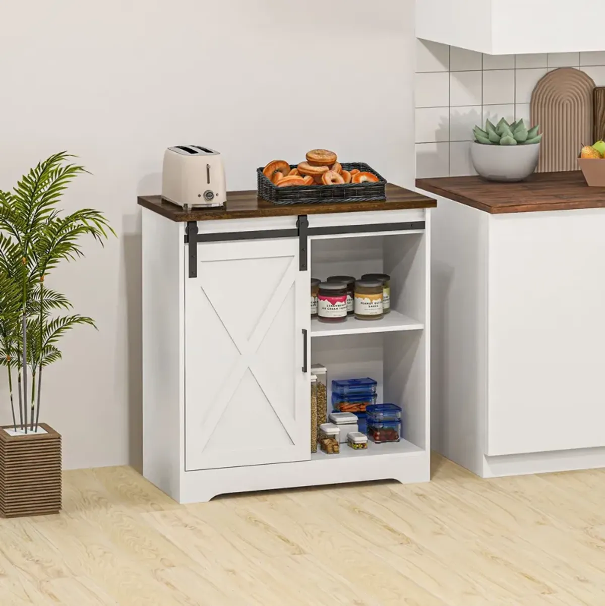 White Coffee Bar Cabinet: Sliding Barn Door, Adjustable Shelf