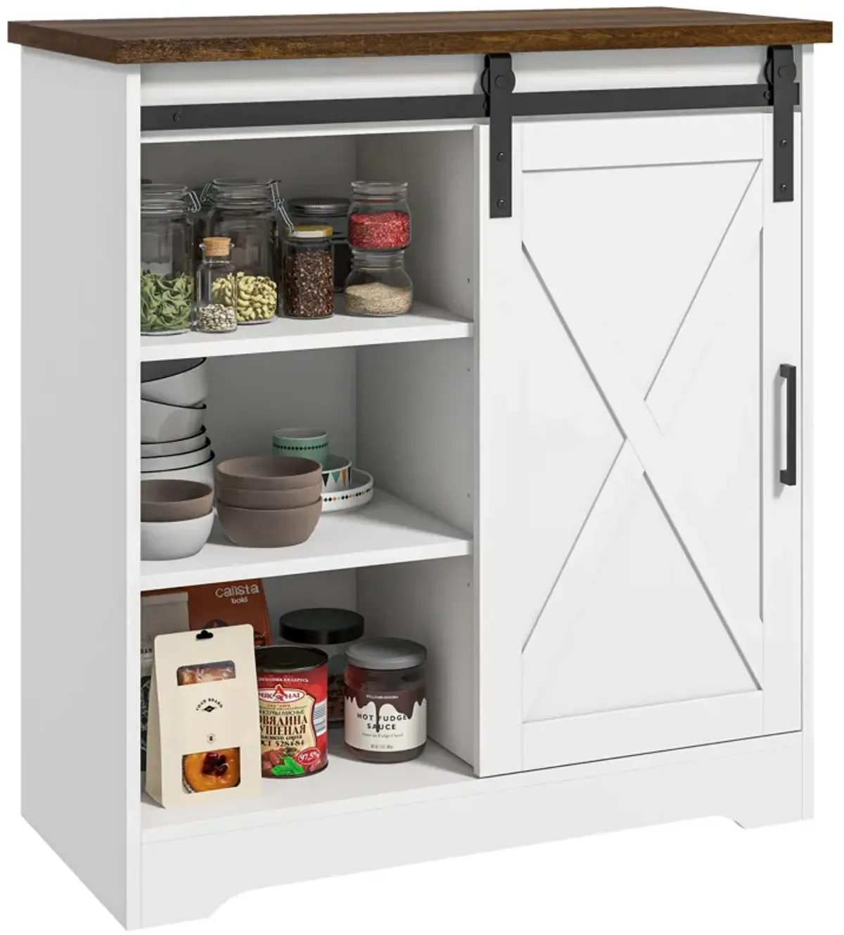 White Coffee Bar Cabinet: Sliding Barn Door, Adjustable Shelf