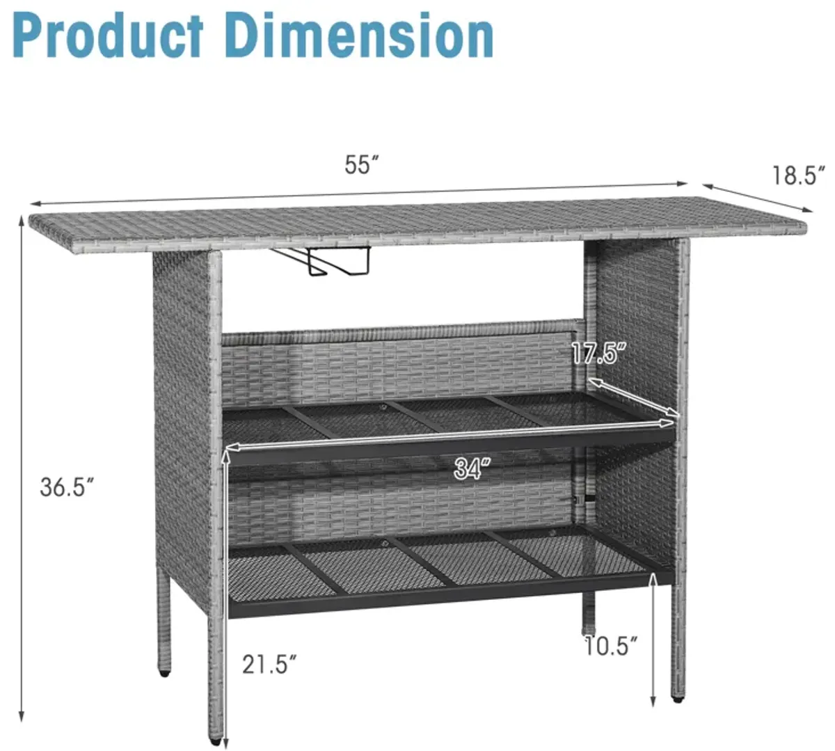 Outdoor Patio Wicker Bar Table with Metal Shelves