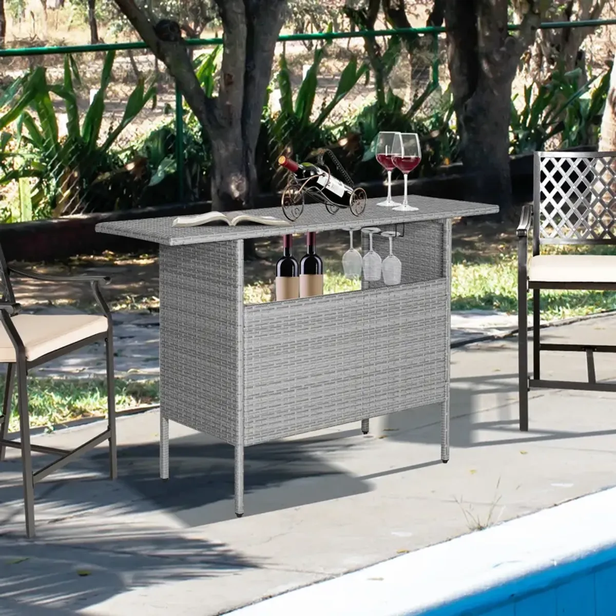 Outdoor Patio Wicker Bar Table with Metal Shelves