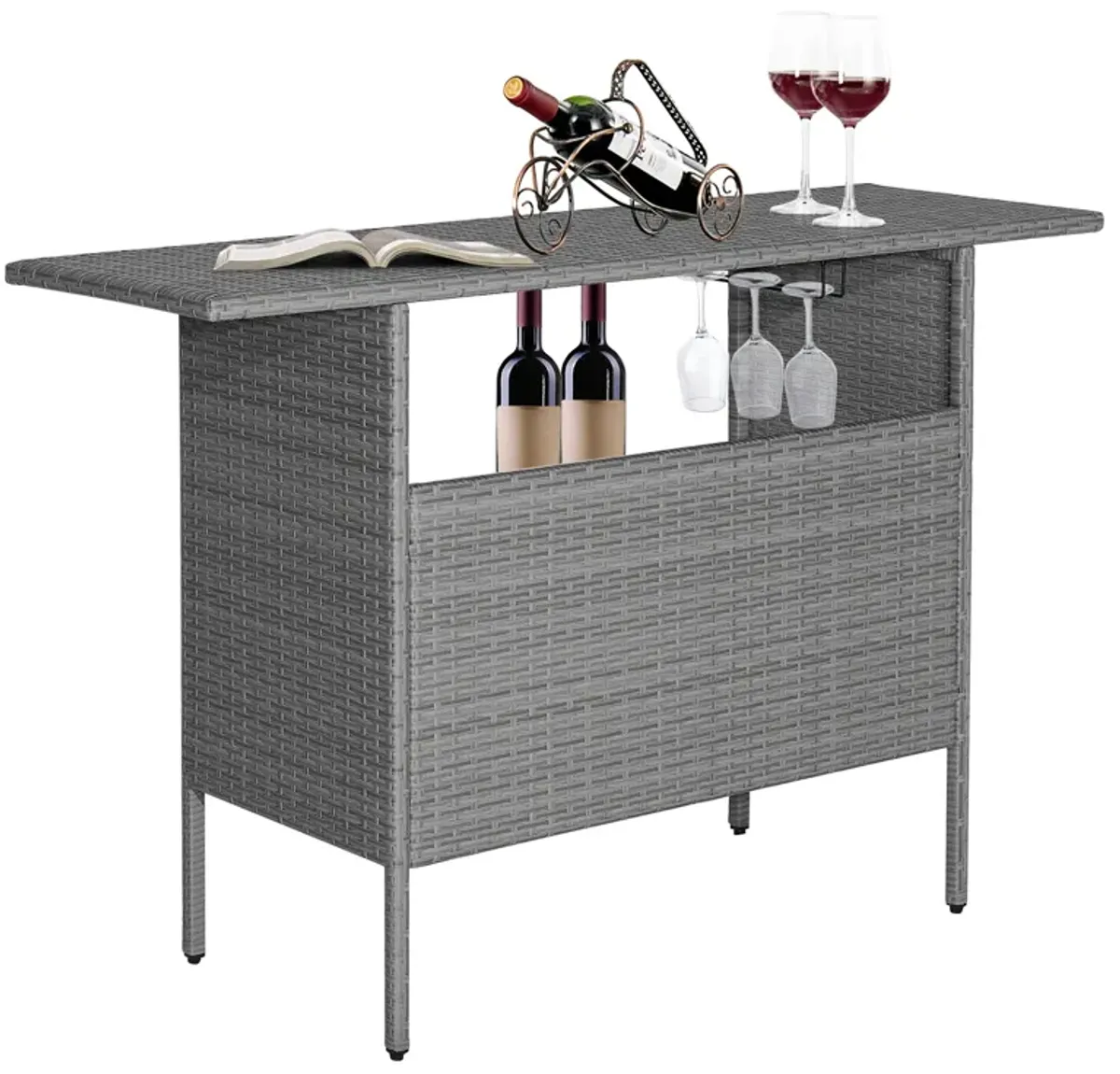 Outdoor Patio Wicker Bar Table with Metal Shelves