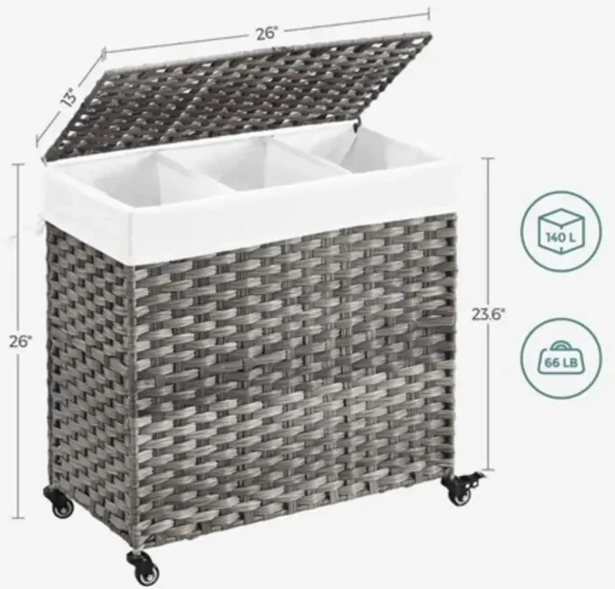 Handwoven PP Rattan 3-Bag Laundry Basket Cart with Cotton Liner on Wheels