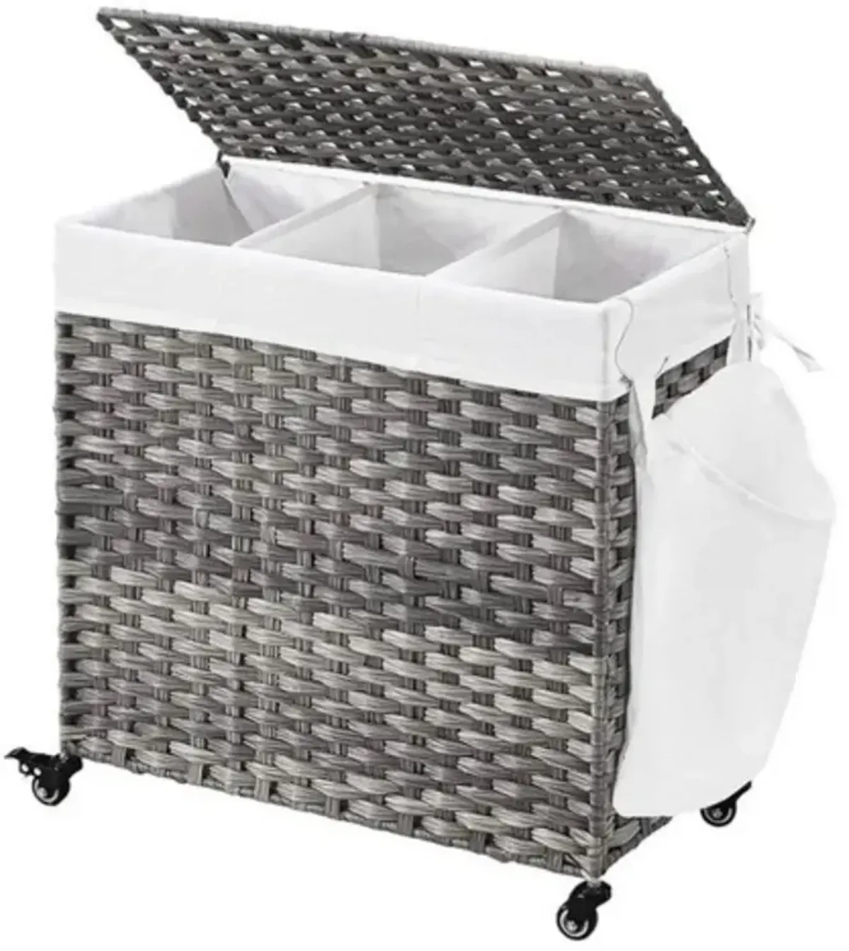 Handwoven PP Rattan 3-Bag Laundry Basket Cart with Cotton Liner on Wheels
