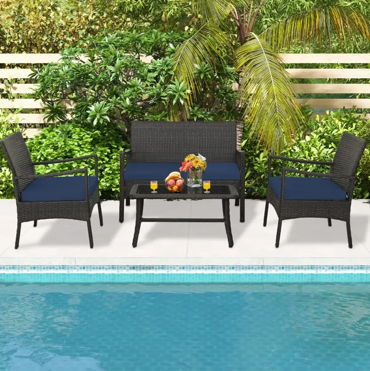 4 Pieces Outdoor Rattan Conversation Set with Tempered Glass Coffee Table