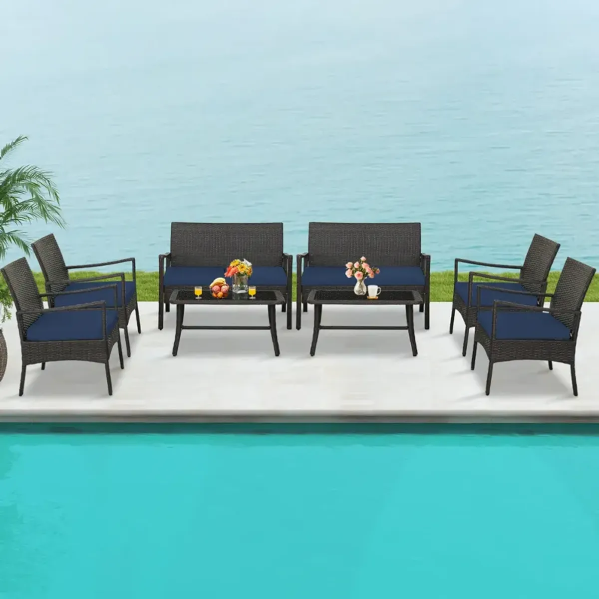 4 Pieces Outdoor Rattan Conversation Set with Tempered Glass Coffee Table