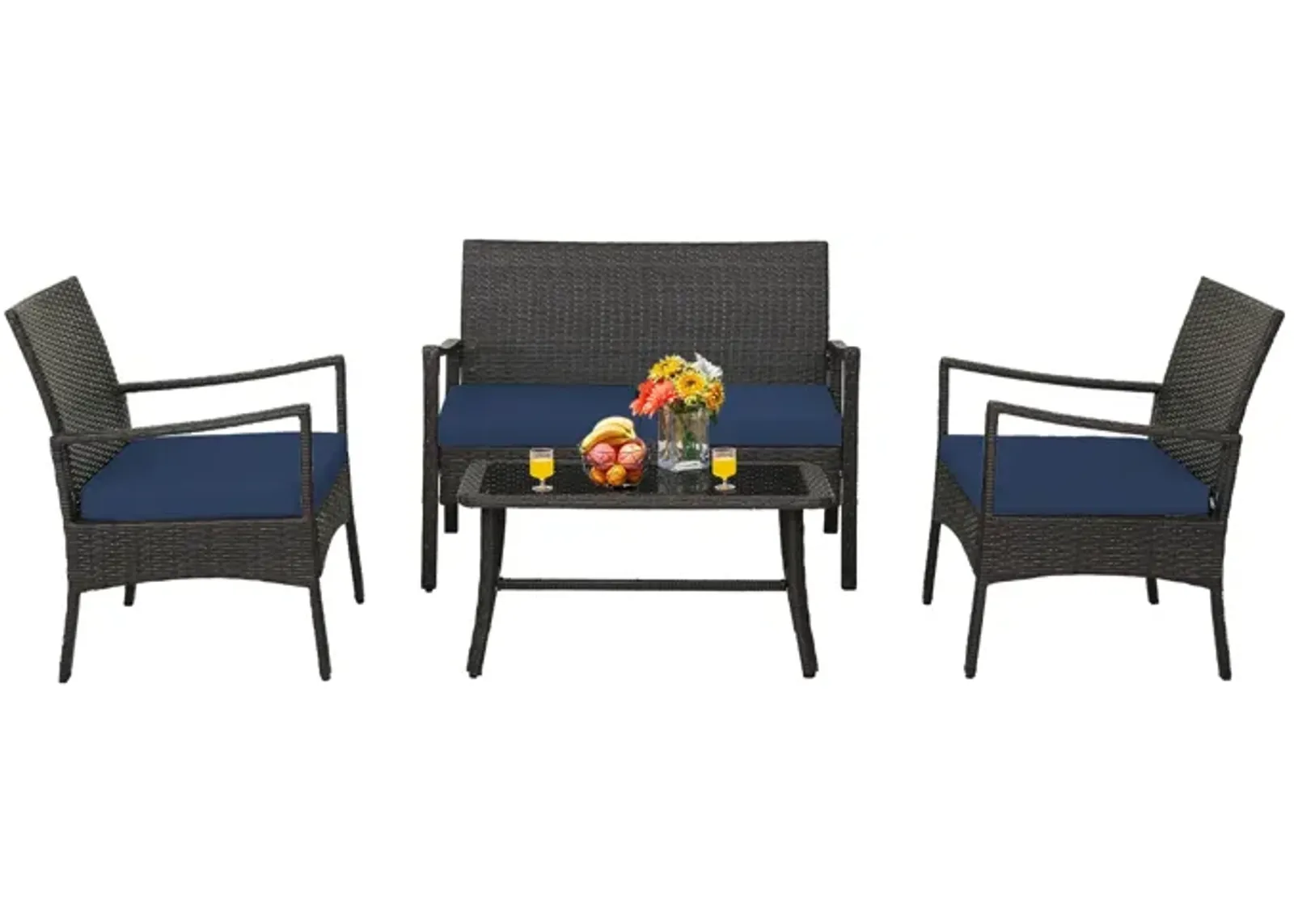 4 Pieces Outdoor Rattan Conversation Set with Tempered Glass Coffee Table