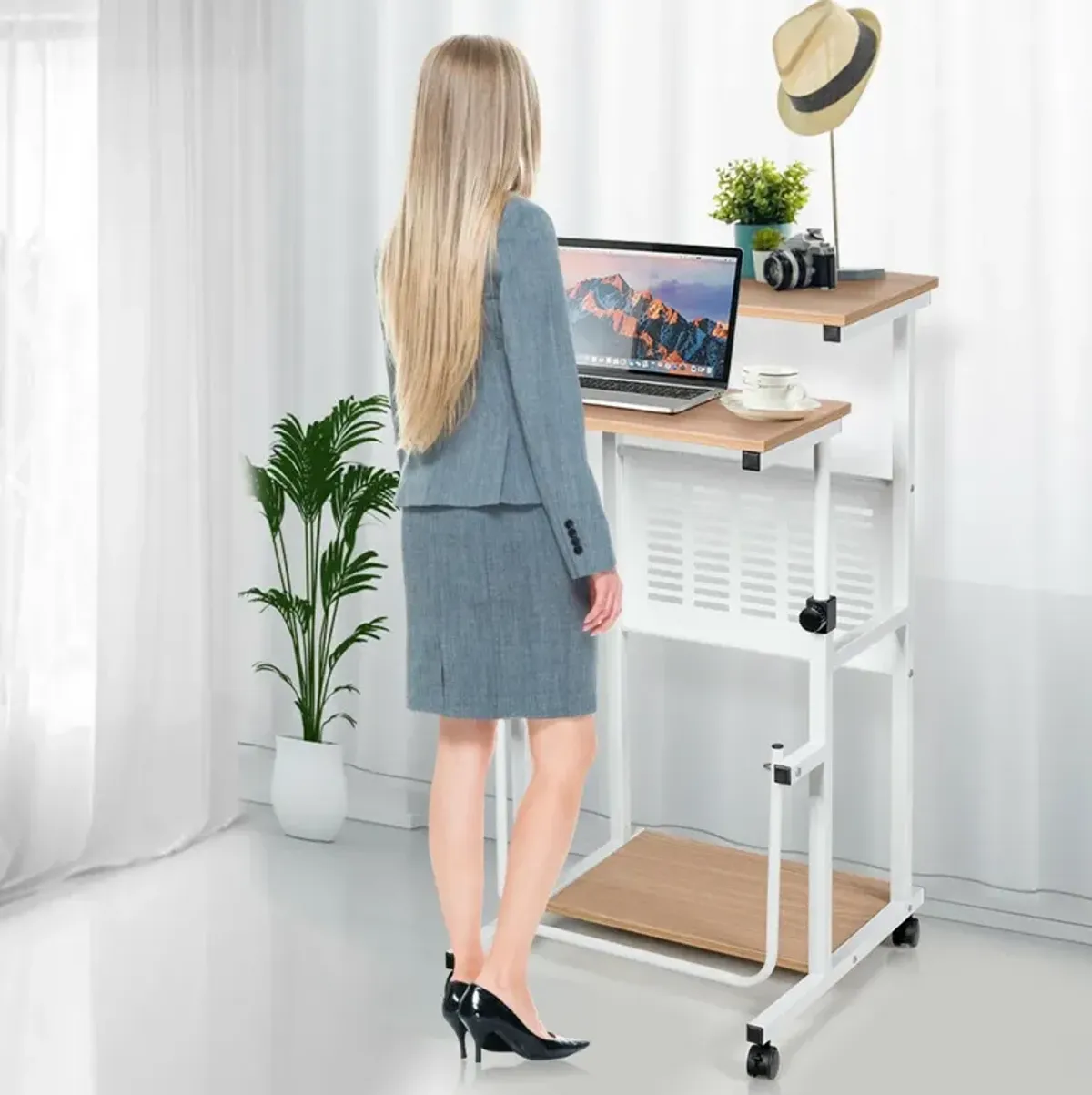 Height Adjustable Mobile Computer Stand-Up Desk with 2 Modes