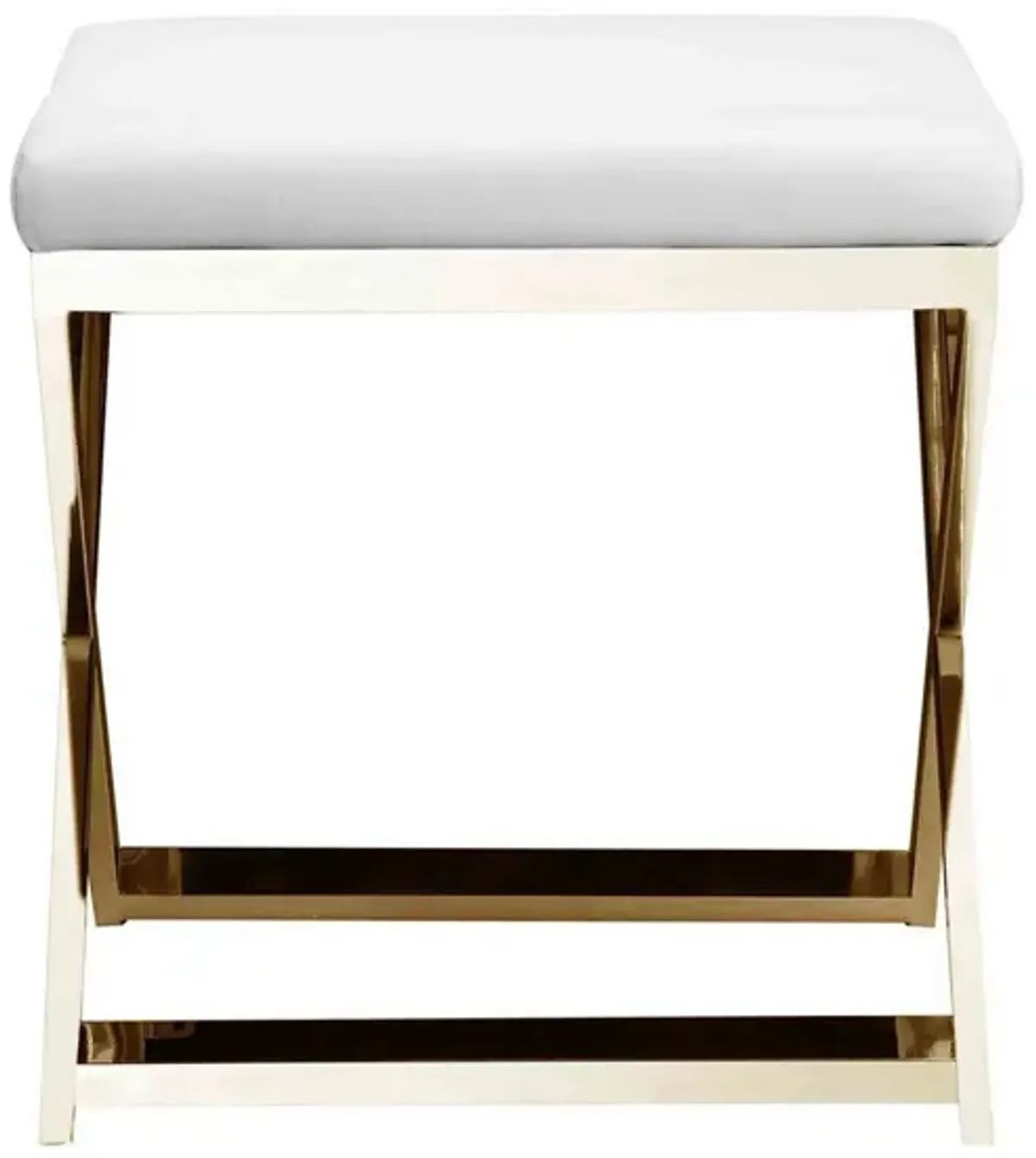 Sovi 20 Inch Ottoman Stool, White Faux Leather Seat, Stainless Steel Frame, Gold - Benzara