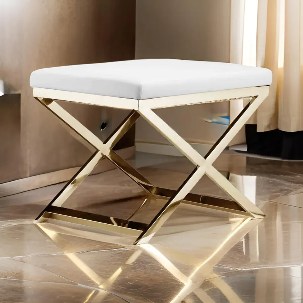 Sovi 20 Inch Ottoman Stool, White Faux Leather Seat, Stainless Steel Frame, Gold - Benzara