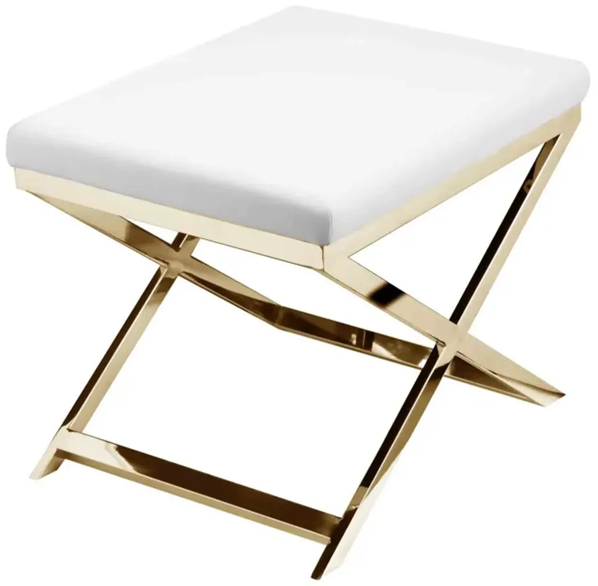 Sovi 20 Inch Ottoman Stool, White Faux Leather Seat, Stainless Steel Frame, Gold - Benzara