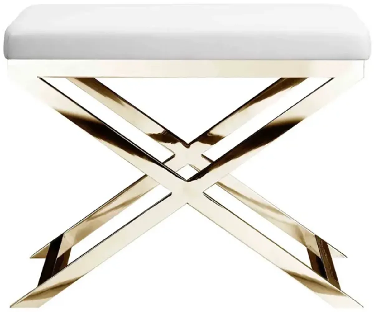 Sovi 20 Inch Ottoman Stool, White Faux Leather Seat, Stainless Steel Frame, Gold - Benzara