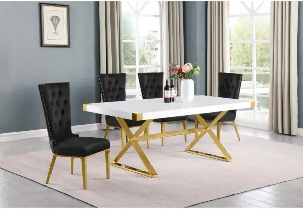 Best Quality Furniture 5pc Small(78) white wood top dining set with gold base and 4 Black side chairs
