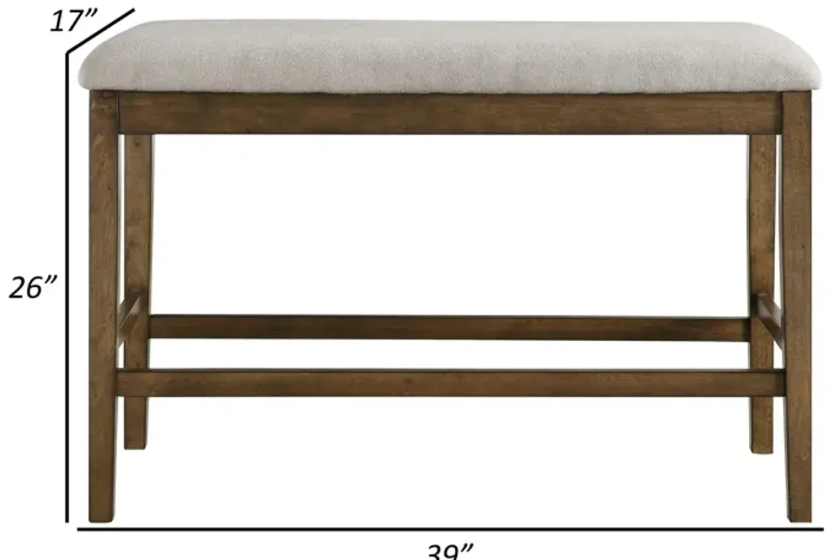 Carl 39 Inch Two Tone Counter Bench, Gray Fabric Seat, Light Oak Wood-Benzara