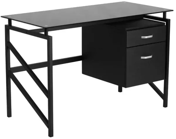 Flash Furniture Singleton Glass Desk with Two Drawer Pedestal,Black
