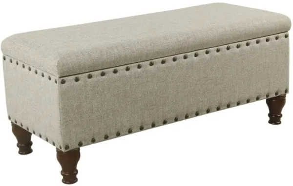 Textured Fabric Upholstered Wooden Storage Bench With Nail head Trim, Large, Beige and Brown - Benzara