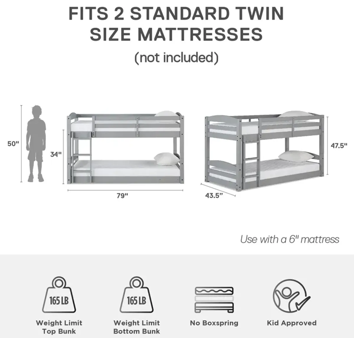 DHP Sierra Low Profile Twin over Twin Bunk Bed with Ladder, Gray