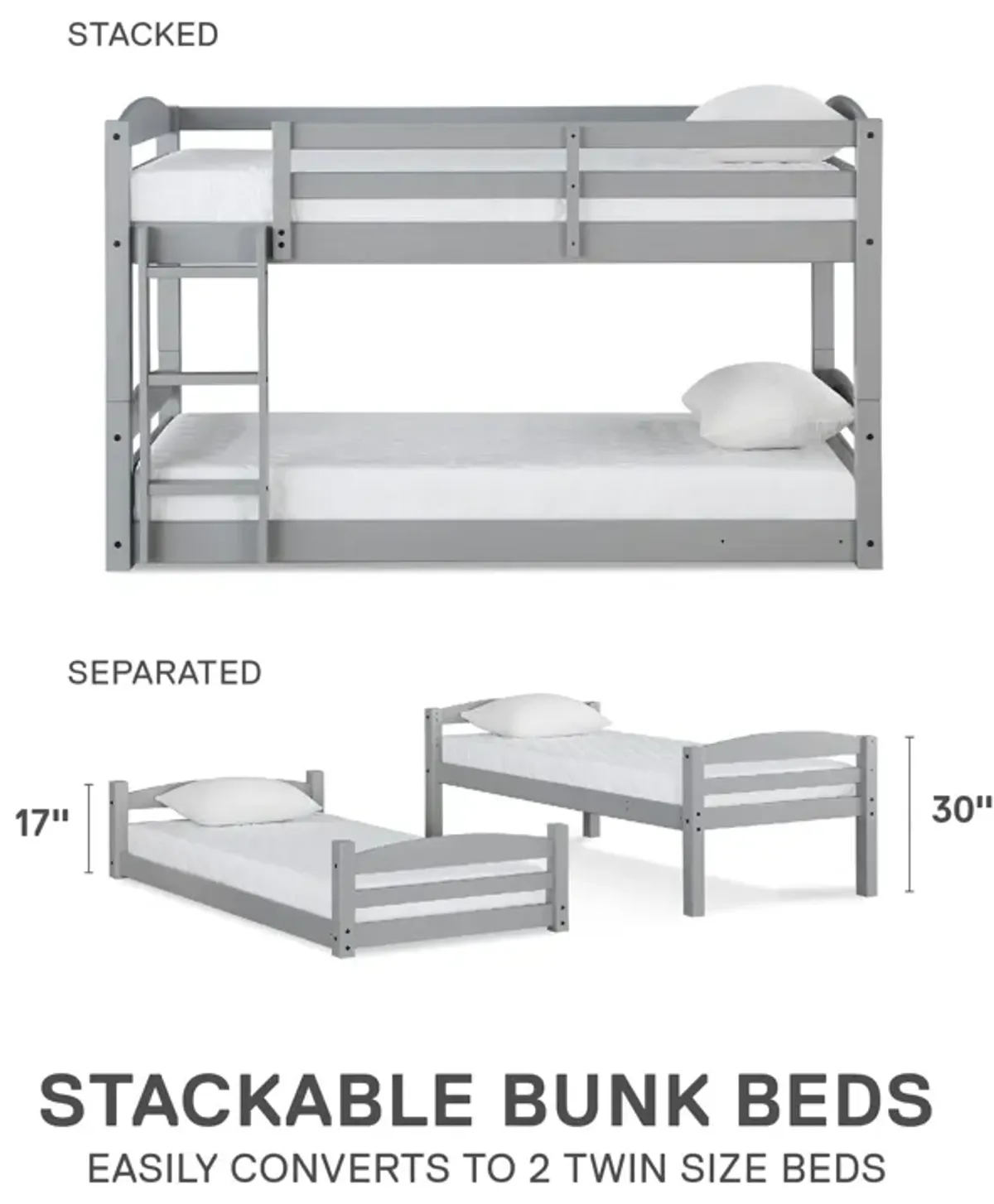 DHP Sierra Low Profile Twin over Twin Bunk Bed with Ladder, Gray