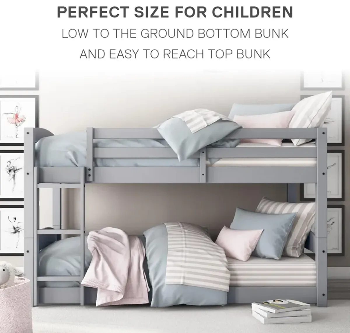 DHP Sierra Low Profile Twin over Twin Bunk Bed with Ladder, Gray