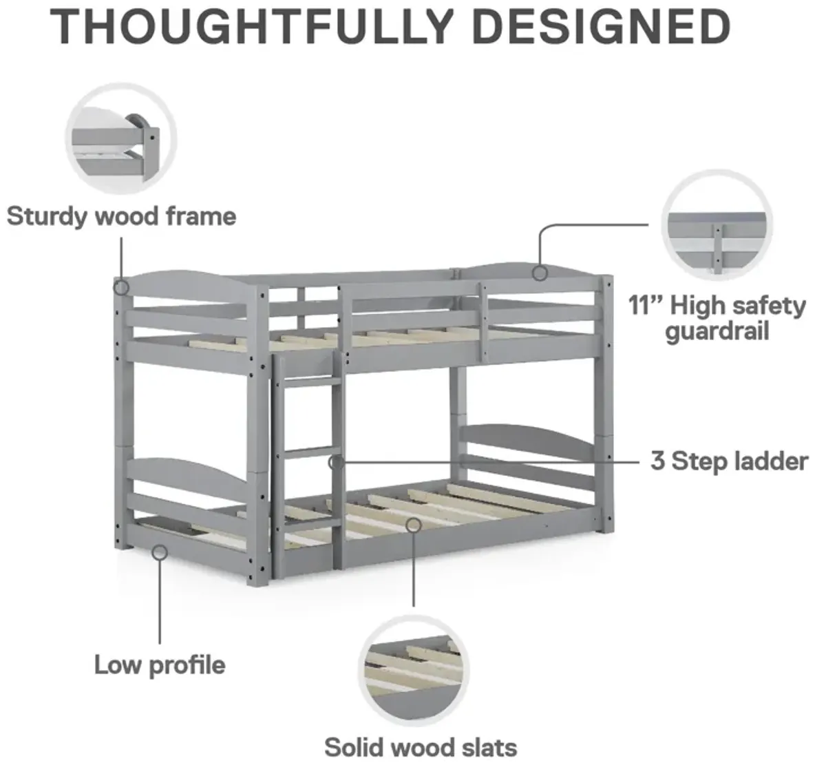 DHP Sierra Low Profile Twin over Twin Bunk Bed with Ladder, Gray