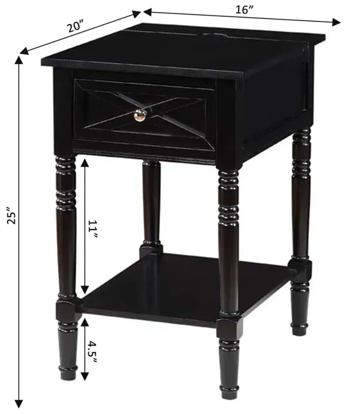 Convenience Concepts Country Oxford 1 Drawer End Table with Charging Station and Shelf, Black