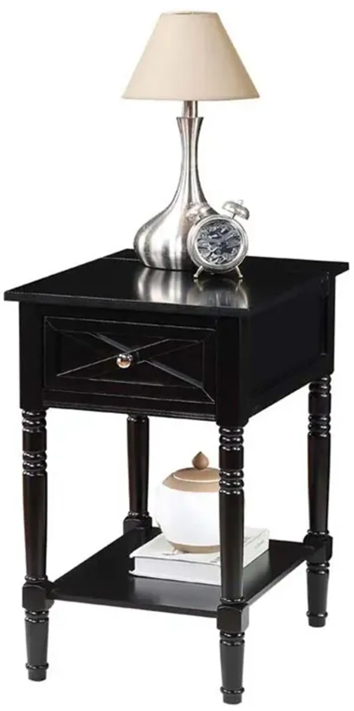 Convenience Concepts Country Oxford 1 Drawer End Table with Charging Station and Shelf, Black