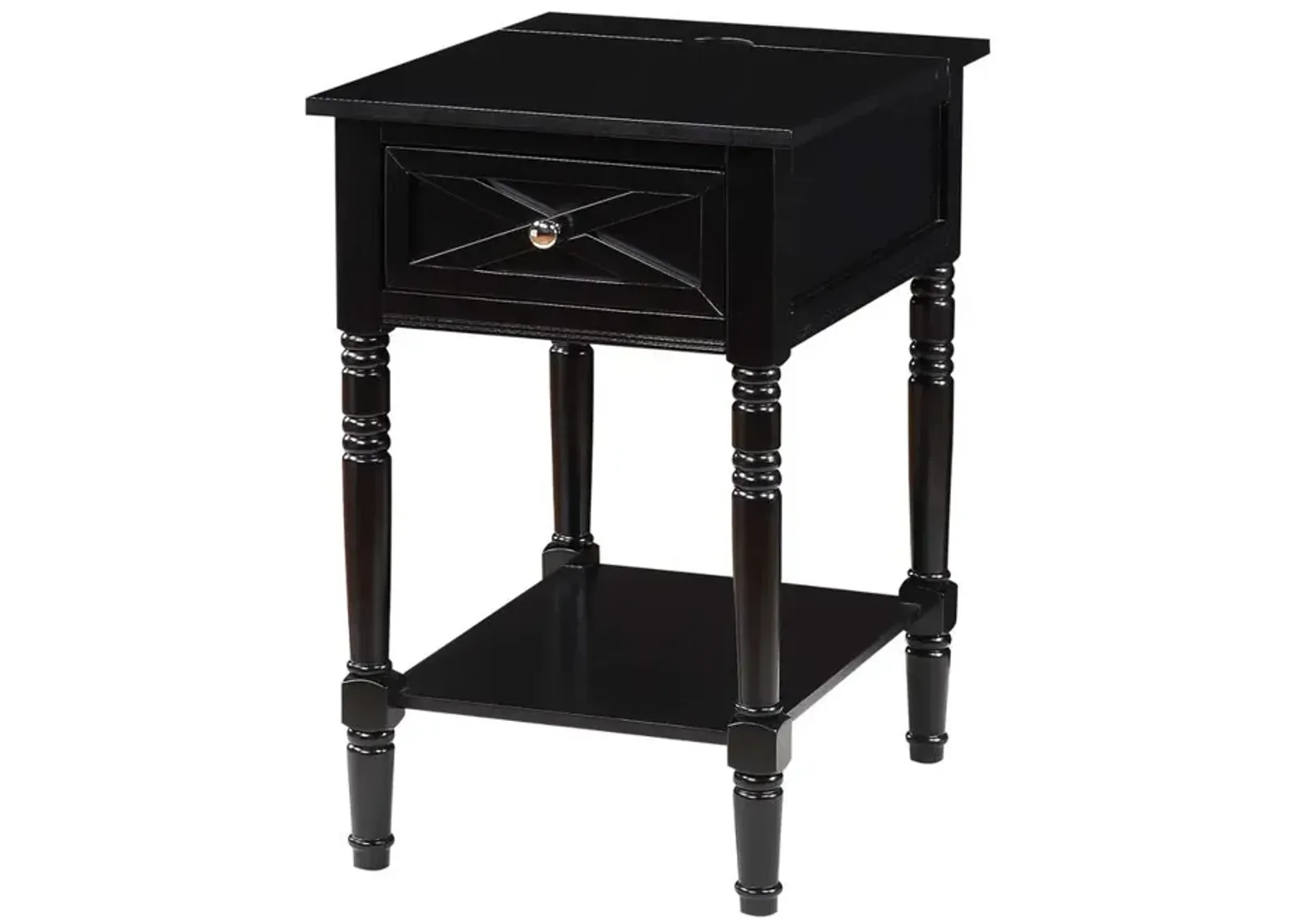 Convenience Concepts Country Oxford 1 Drawer End Table with Charging Station and Shelf, Black