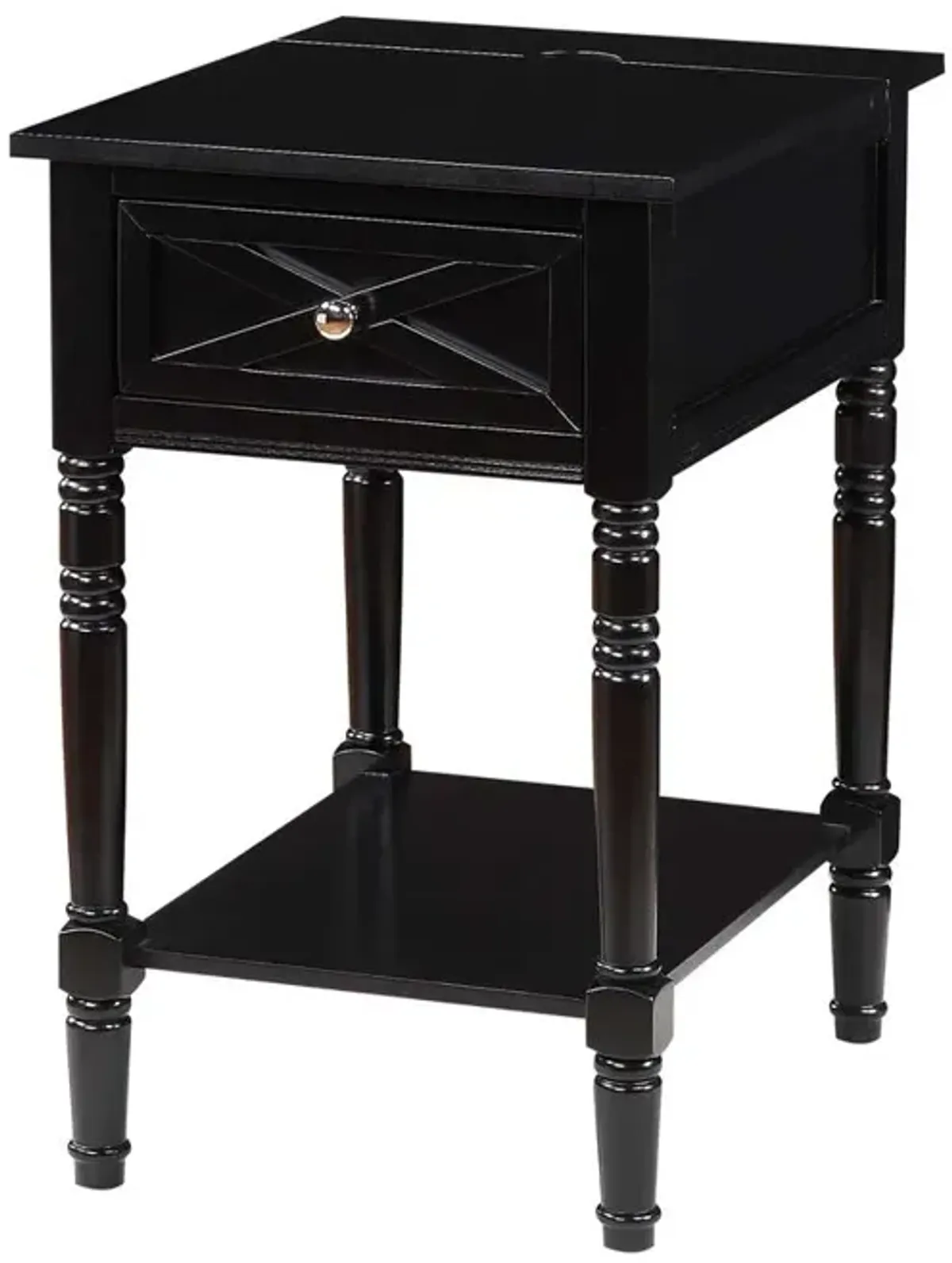 Convenience Concepts Country Oxford 1 Drawer End Table with Charging Station and Shelf, Black