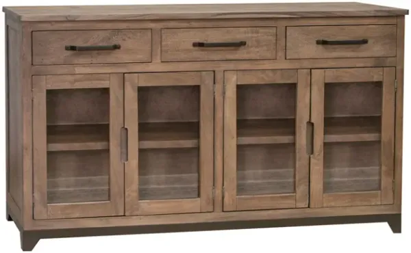 Umey 70 Inch Sideboard Console, Mango Wood, 3 Drawers, 4 Glass Doors, Brown - Benzara