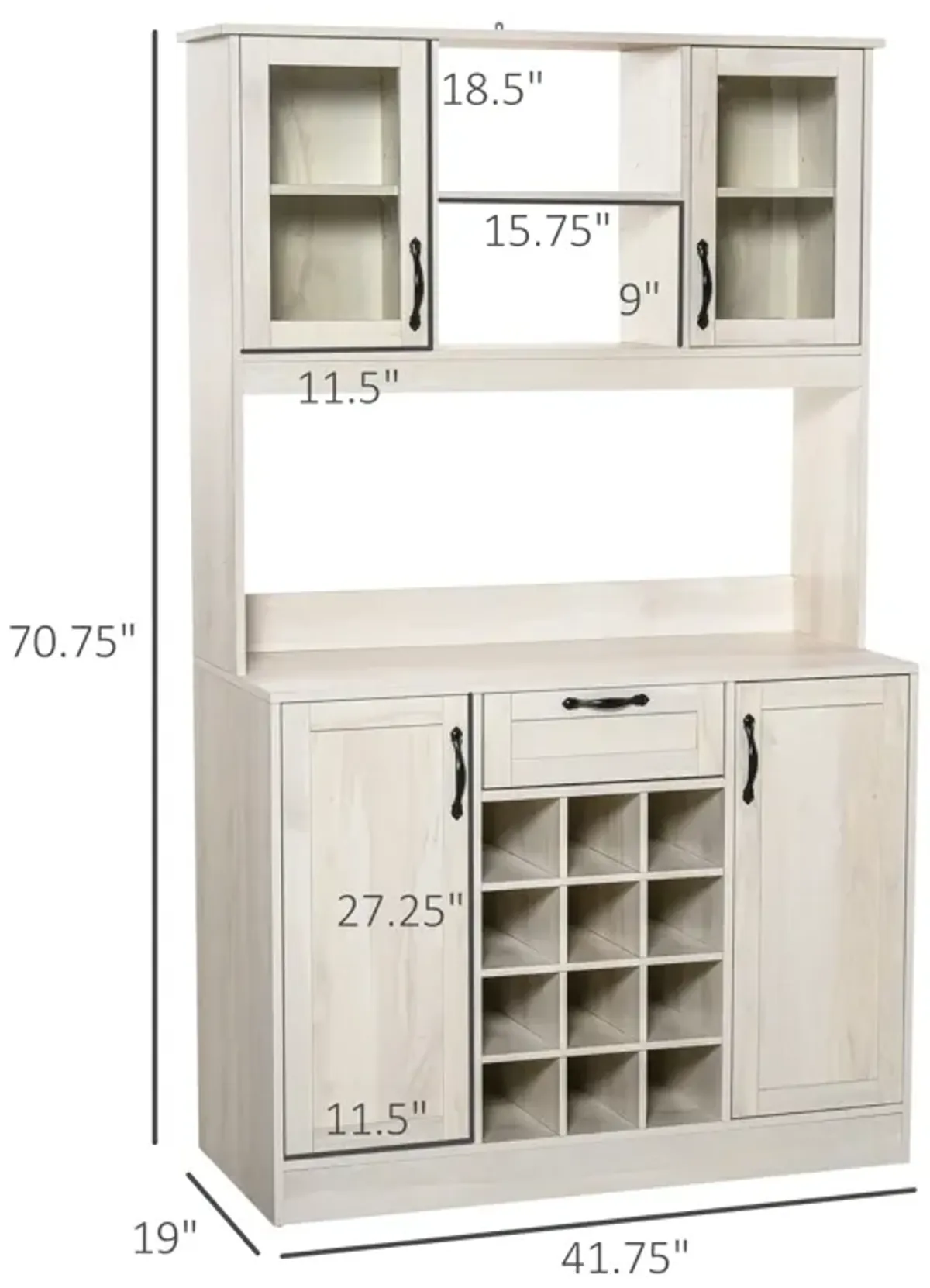 White Kitchen Storage: Buffet Hutch with Drawer, Cabinets, and Wine Rack