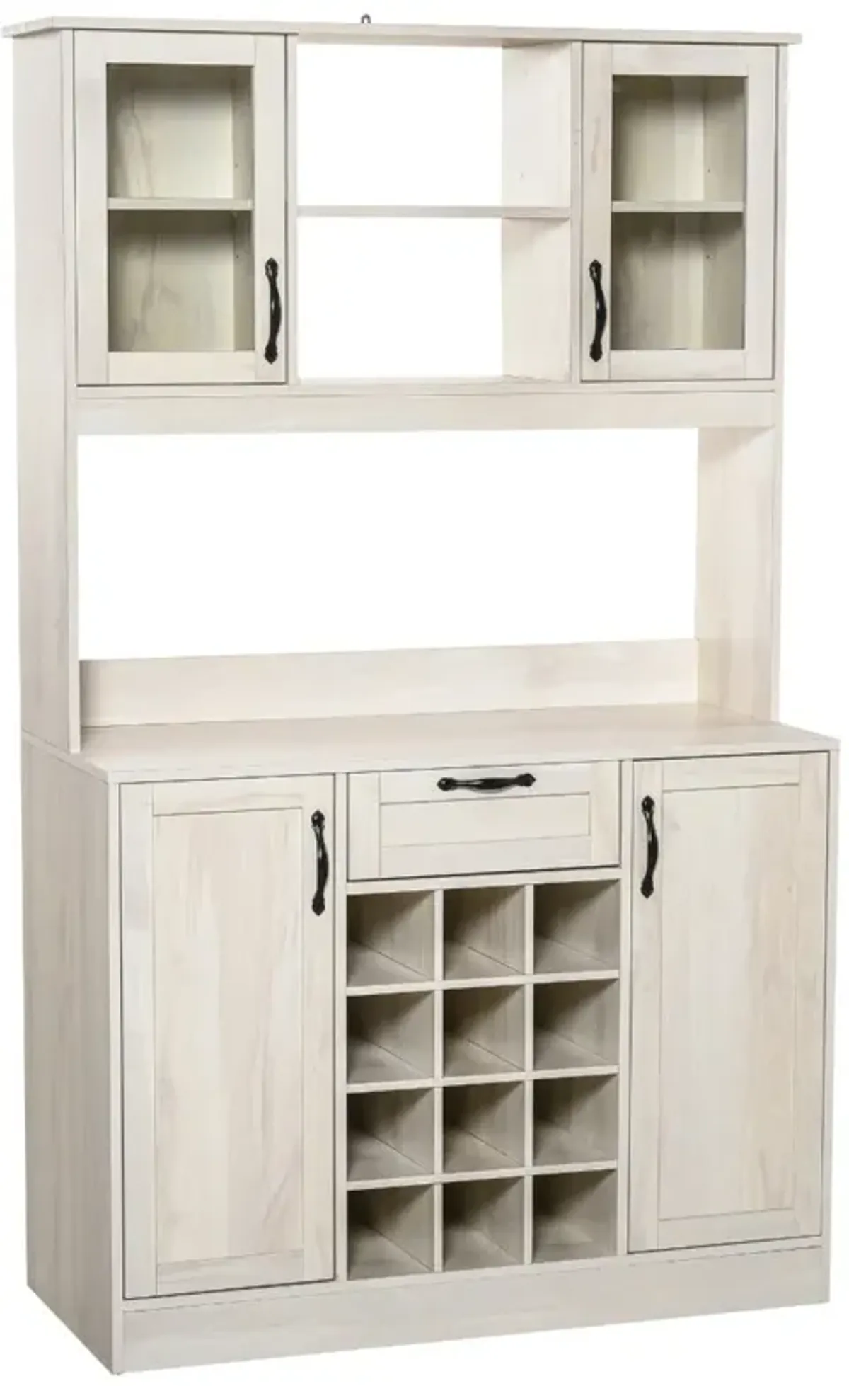 White Kitchen Storage: Buffet Hutch with Drawer, Cabinets, and Wine Rack