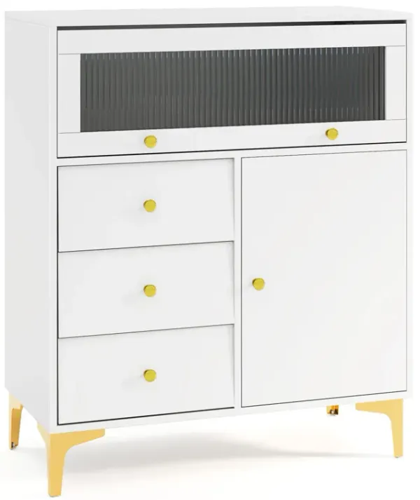 Fluted Glass Storage Chest with Flip-Up Door and Drawers – Modern Design
