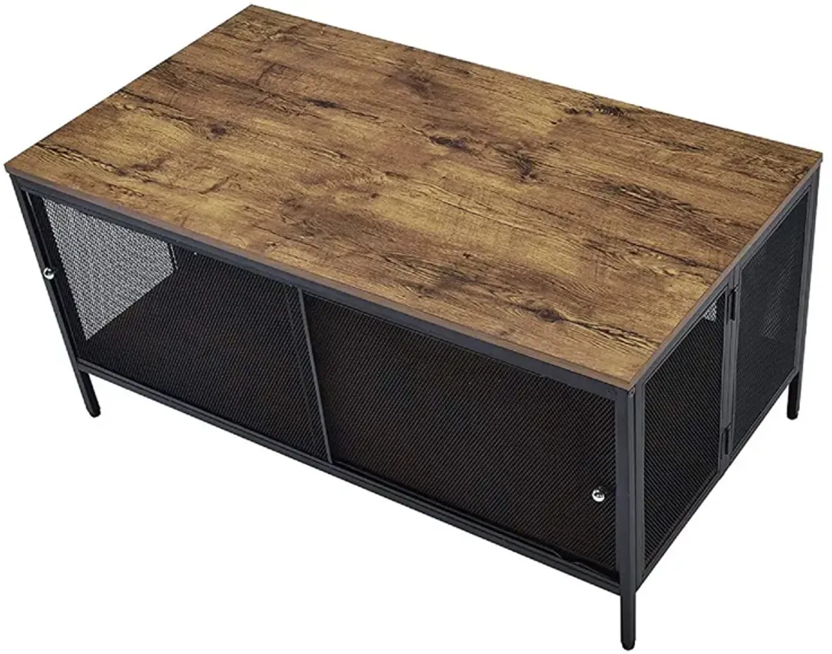 Metal Coffee Table with 1 Bottom Shelf and Mesh Design, Brown and Gray-Benzara