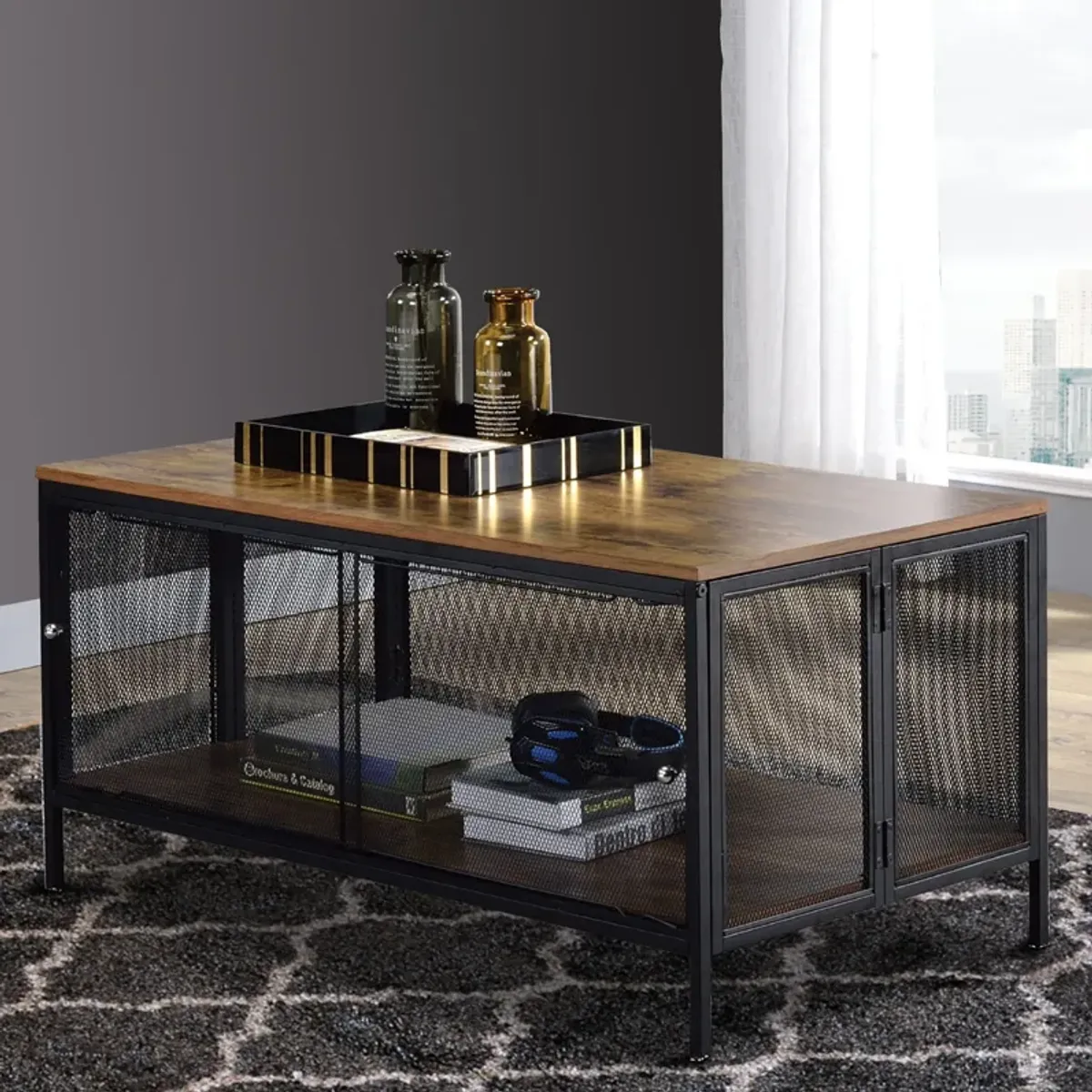 Metal Coffee Table with 1 Bottom Shelf and Mesh Design, Brown and Gray-Benzara