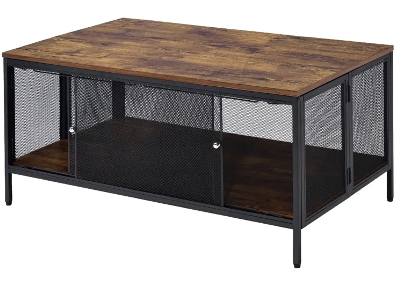 Metal Coffee Table with 1 Bottom Shelf and Mesh Design, Brown and Gray-Benzara