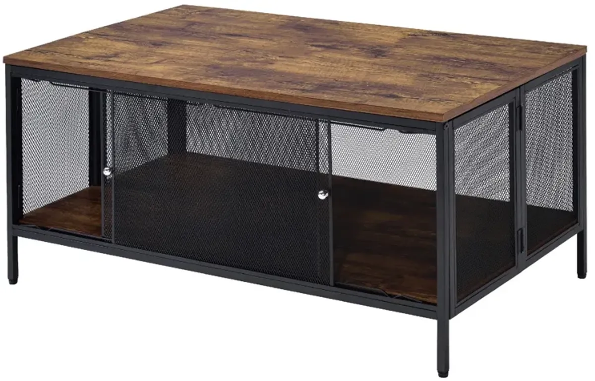 Metal Coffee Table with 1 Bottom Shelf and Mesh Design, Brown and Gray-Benzara