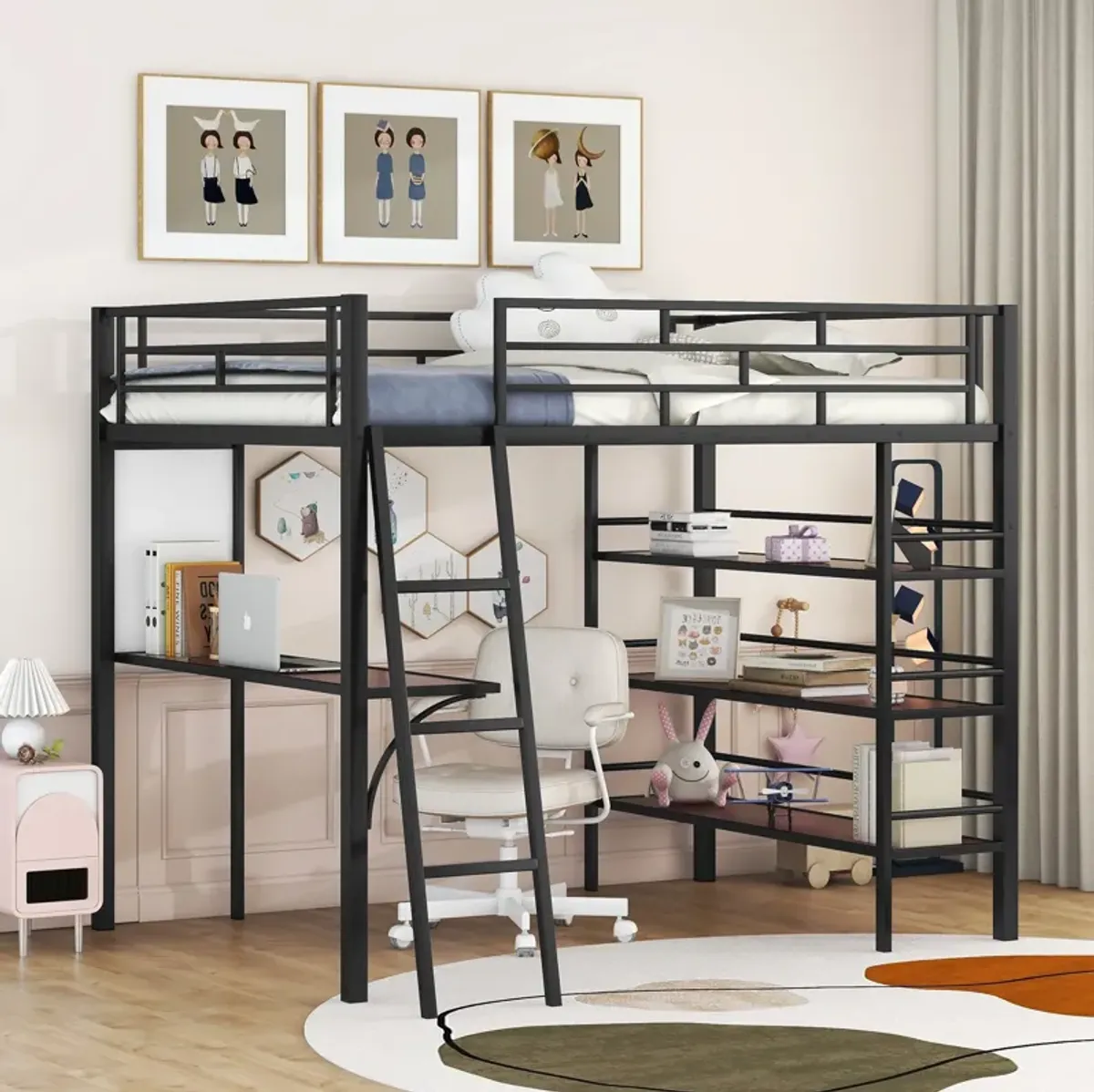 Merax Metal Loft  Bed with  Desk and 3 Layers of Shelves