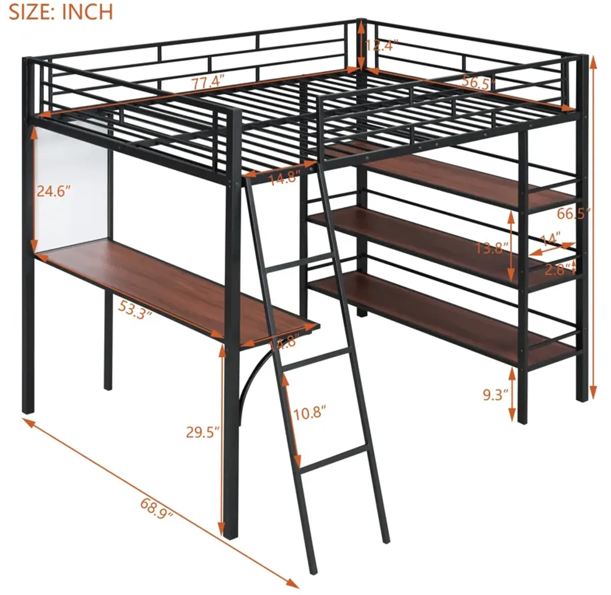 Merax Metal Loft  Bed with  Desk and 3 Layers of Shelves