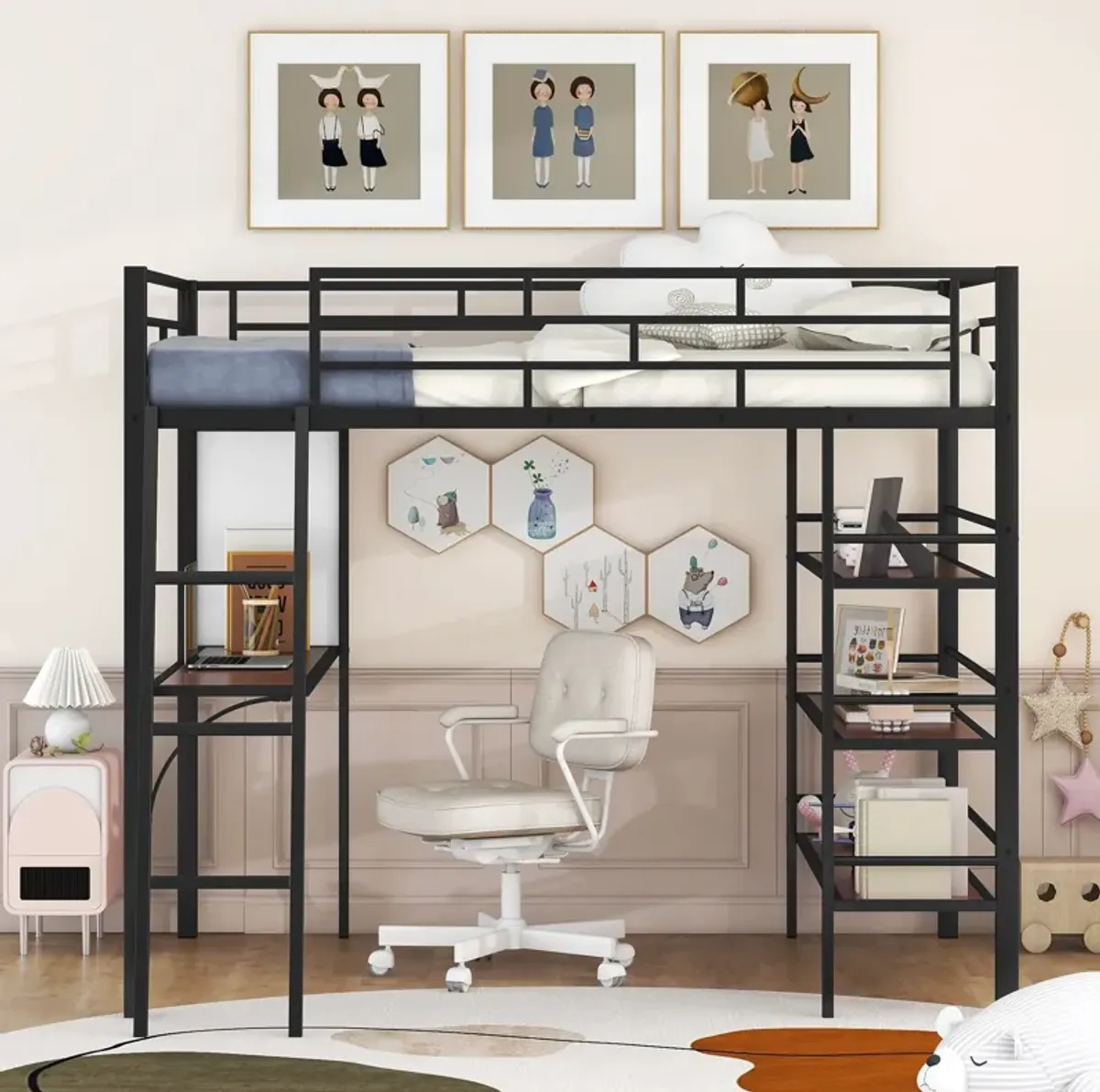 Merax Metal Loft  Bed with  Desk and 3 Layers of Shelves