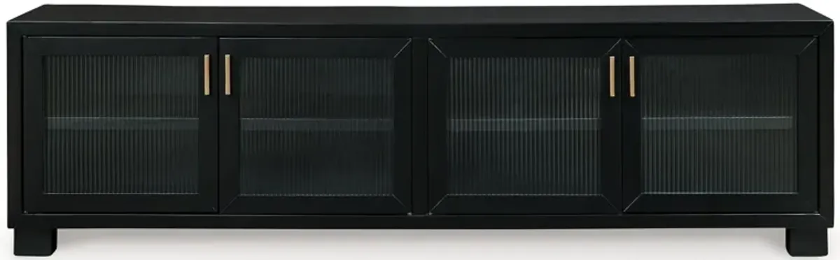 Bardi TV Media Console, Black Wood,4 Glass Doors, Metal, 85 Inch - Benzara