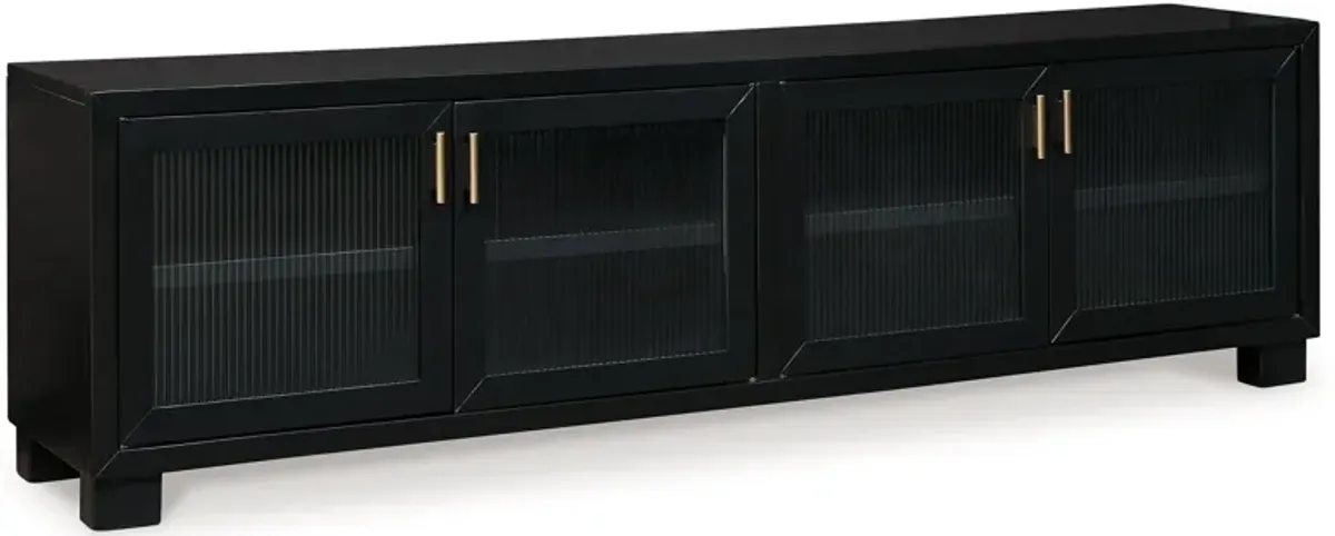 Bardi TV Media Console, Black Wood,4 Glass Doors, Metal, 85 Inch - Benzara