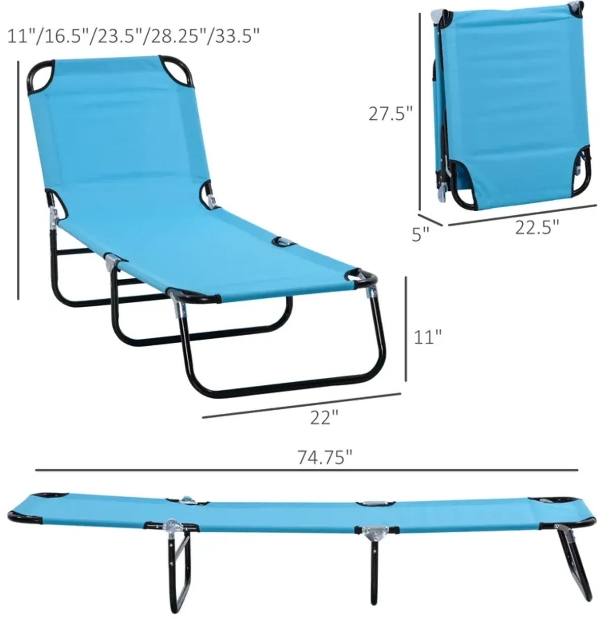 Outsunny Folding Chaise Lounge Pool Chair, Outdoor Sun Tanning Chair with Pillow, 5-Level Reclining Back, Steel Frame & Breathable Mesh for Beach, Yard, Patio, Sky Blue