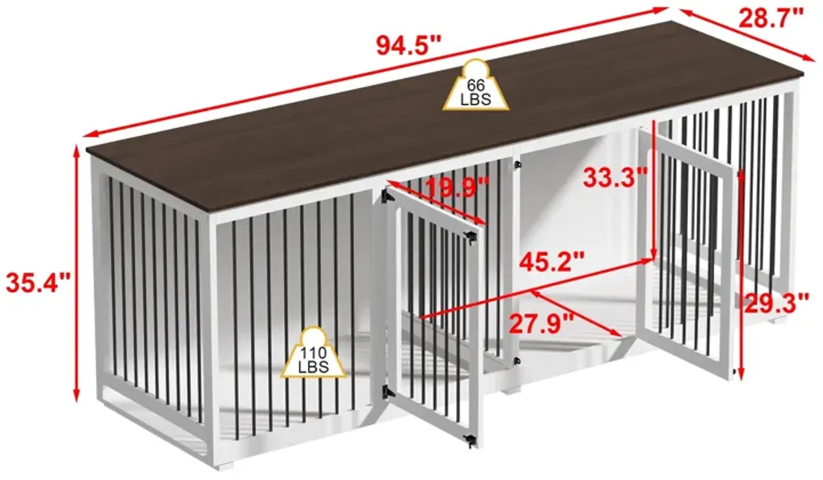 Extra Large Dog Crate Furniture for 2 Dogs, 94.5 in. Wooden Heavy Duty Dog Crate Kennel with Divider for Large Dogs