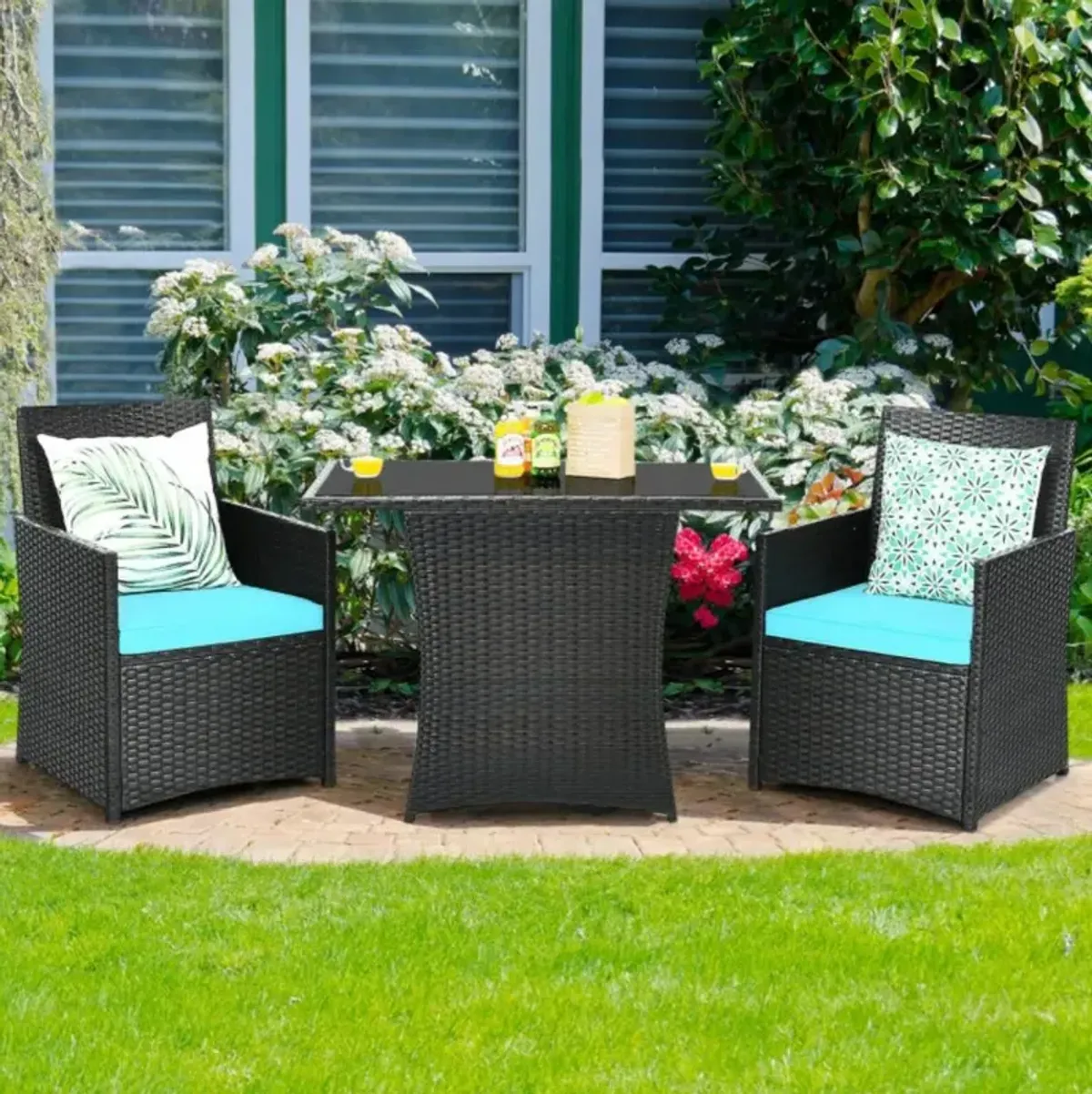 Hivvago 3 Pieces Patio Rattan Furniture Set with Cushion and Sofa Armrest