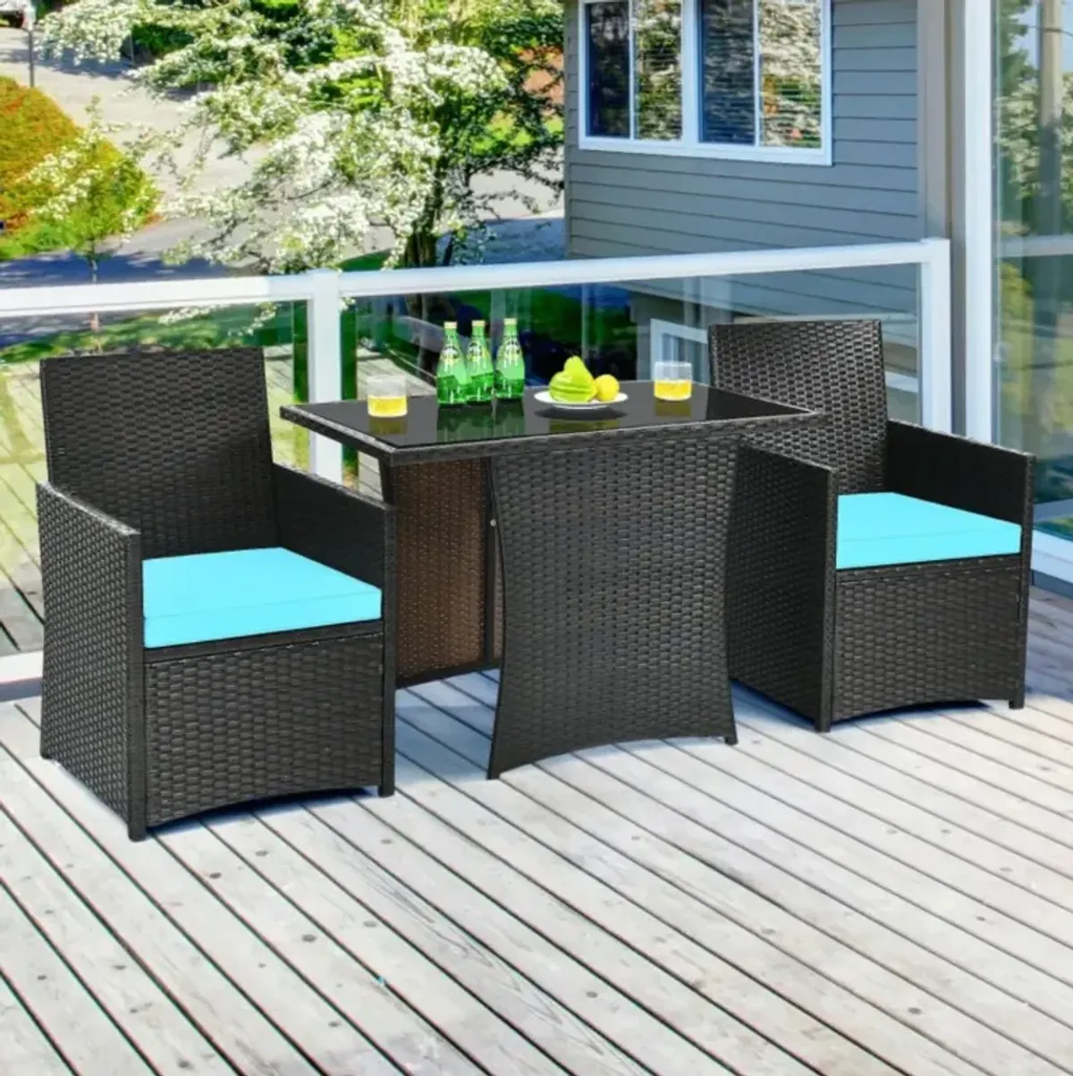 Hivvago 3 Pieces Patio Rattan Furniture Set with Cushion and Sofa Armrest