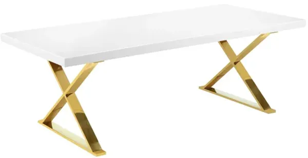 Rix 87 Inch Dining Table, Rectangular White Top, Gold Finished Metal Base - Benzara