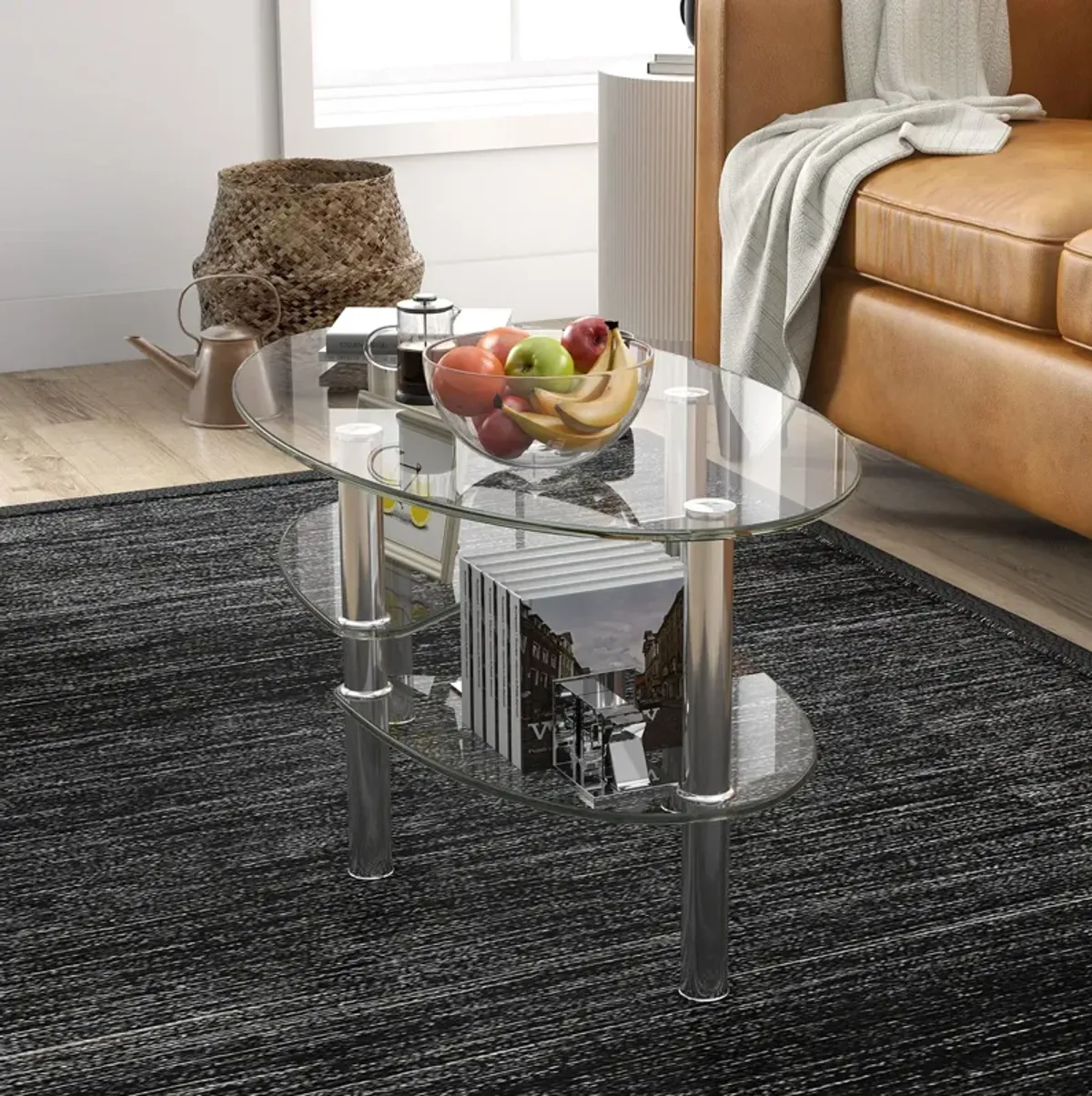 Tempered Glass Oval Side Coffee Table-Transparent