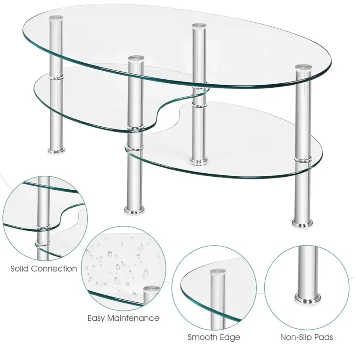 Tempered Glass Oval Side Coffee Table-Transparent