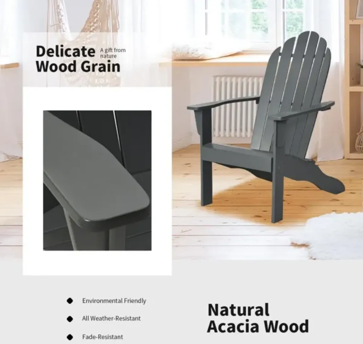 Hivvago Acacia Wood Outdoor Adirondack Chair with Ergonomic Design