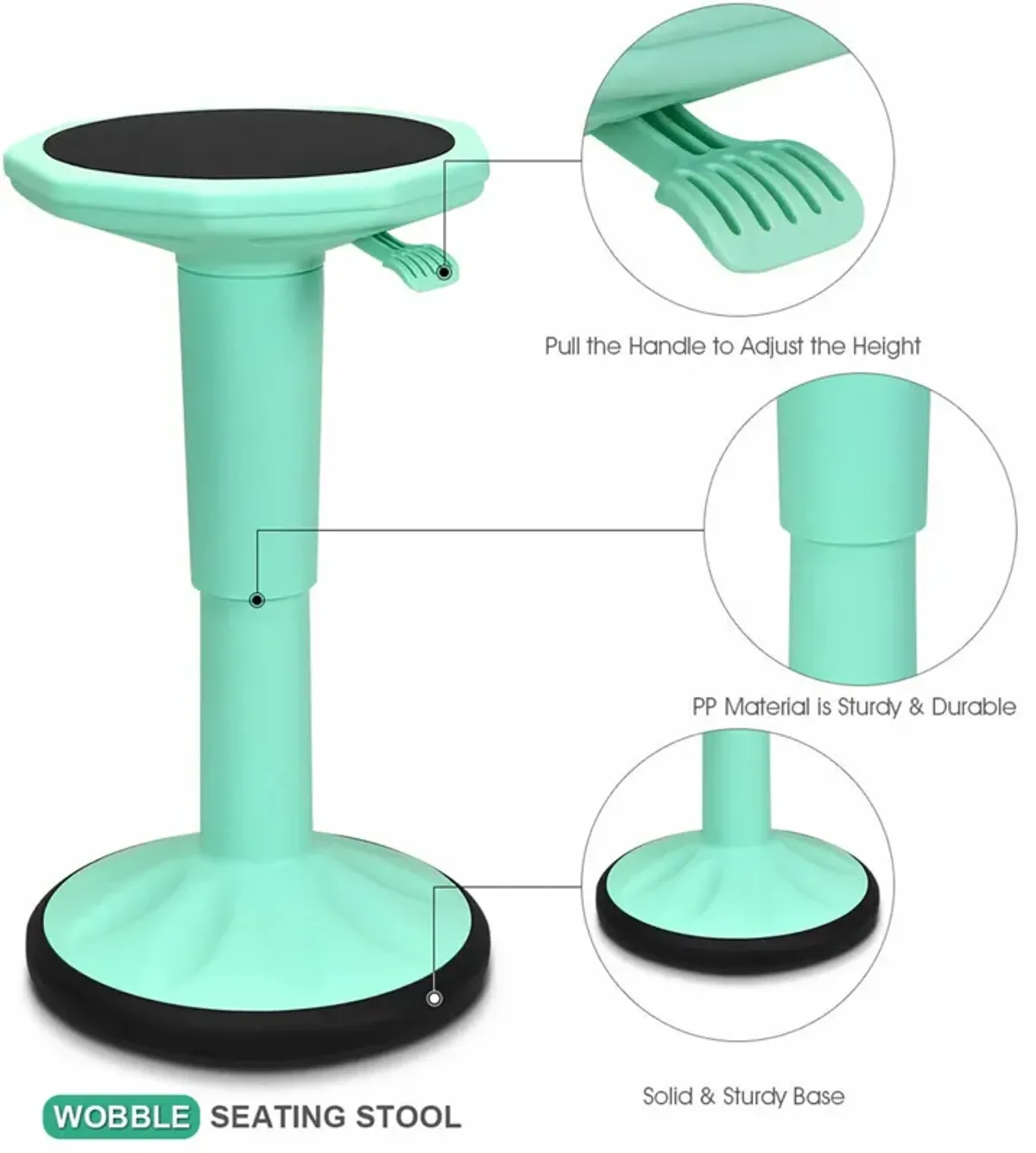 Costway Wobble Chair Height Adjustable Active Learning Stool Sitting Home Office Green Backless Silicone